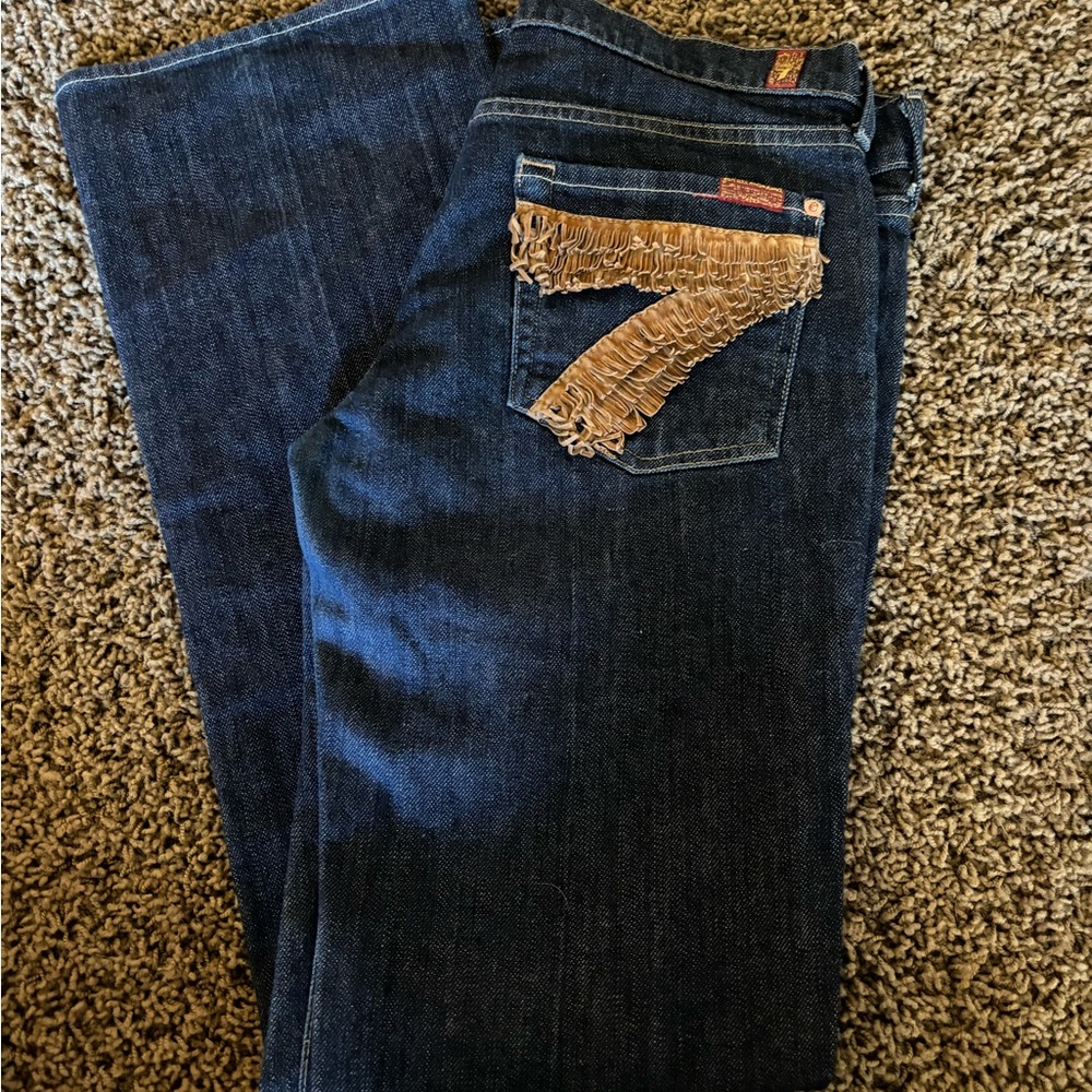 7 For All Mankind Dark Blue Boot Cut Jeans with Tan Stitching